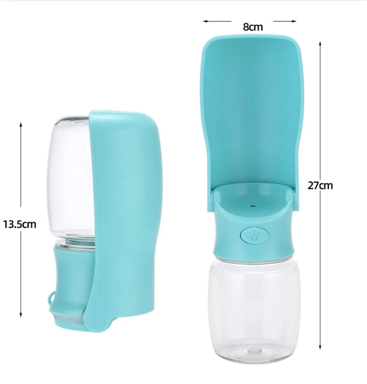 Collapsible dog water bottle in blue, pink or white with foldable design and 350ml or 550ml capacity options