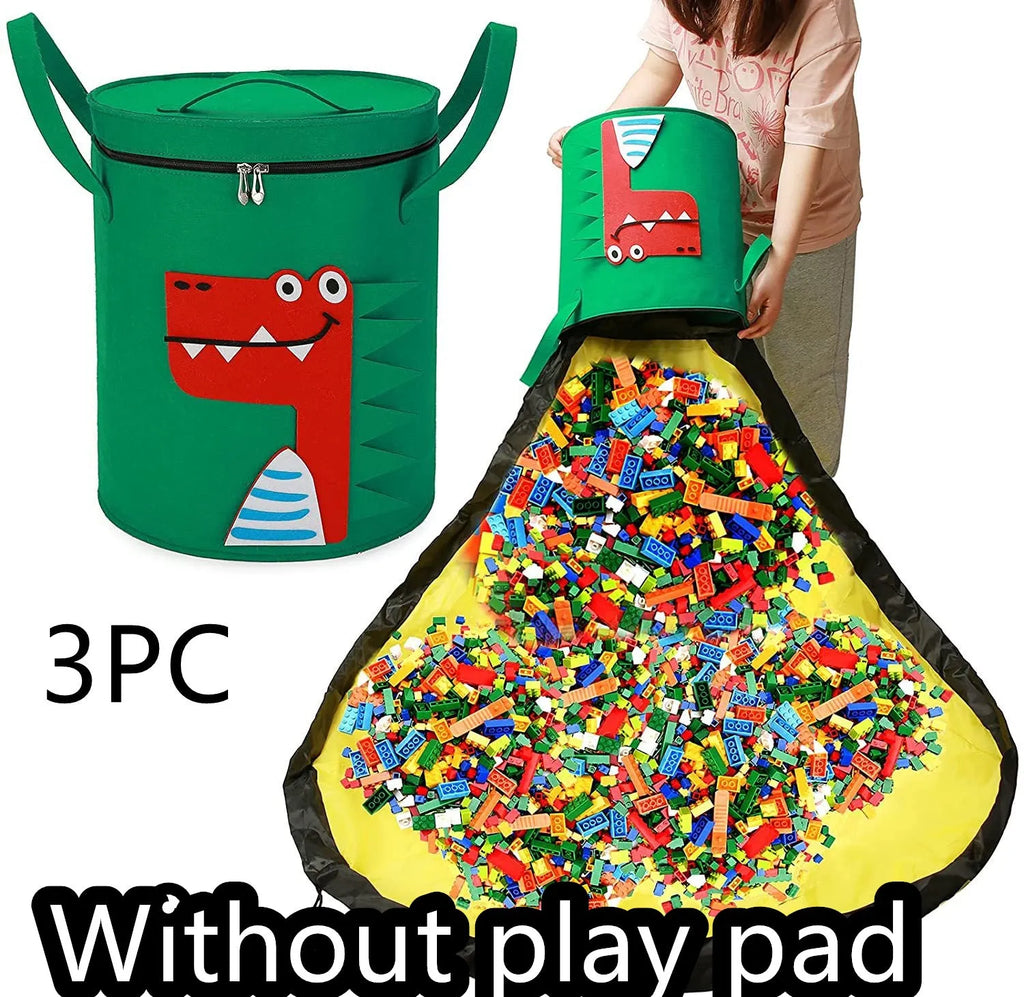 Green felt storage cube with pull rope, unfolded as a play mat on a living room floor