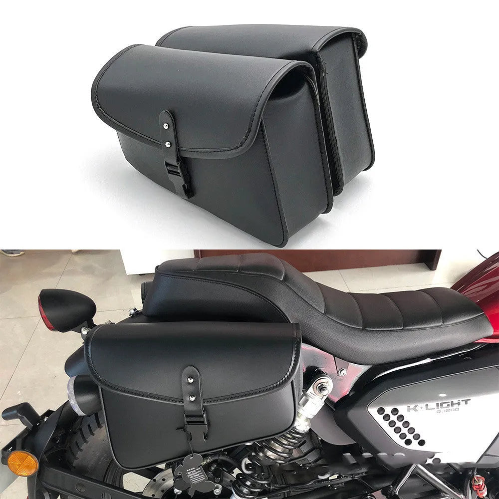 Black motorcycle swingarm bag mounted on Sportster, showing 30x24x20cm dimensions and PU leather construction