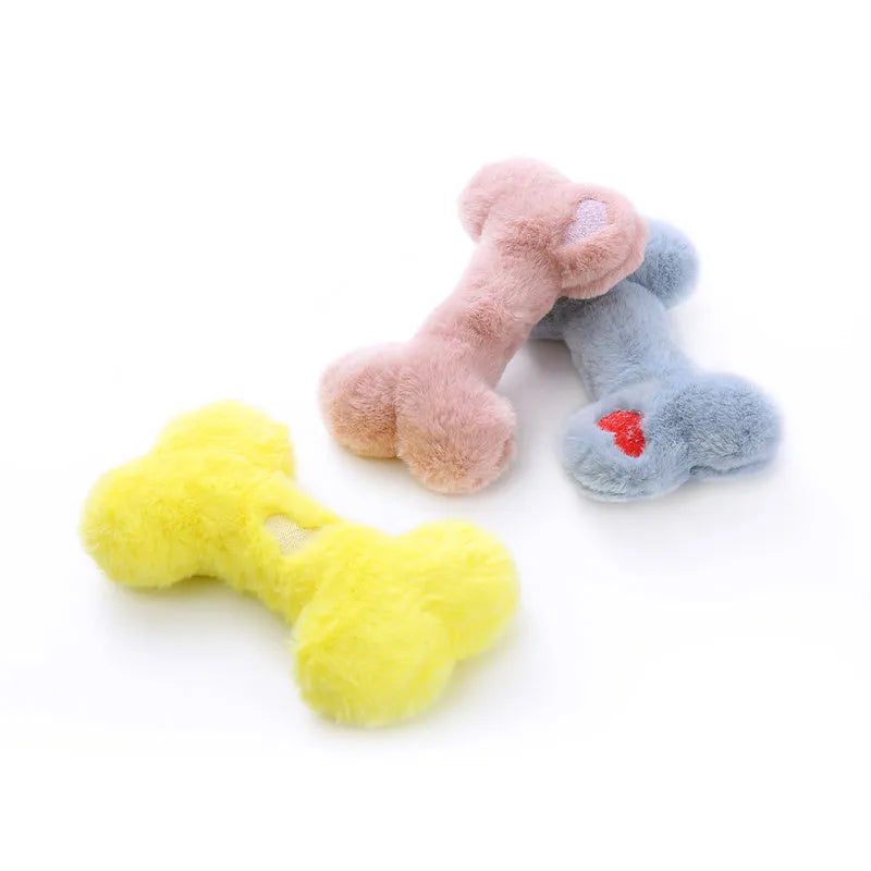 Blue plush bone dog toy with sound feature for interactive play and teeth grinding