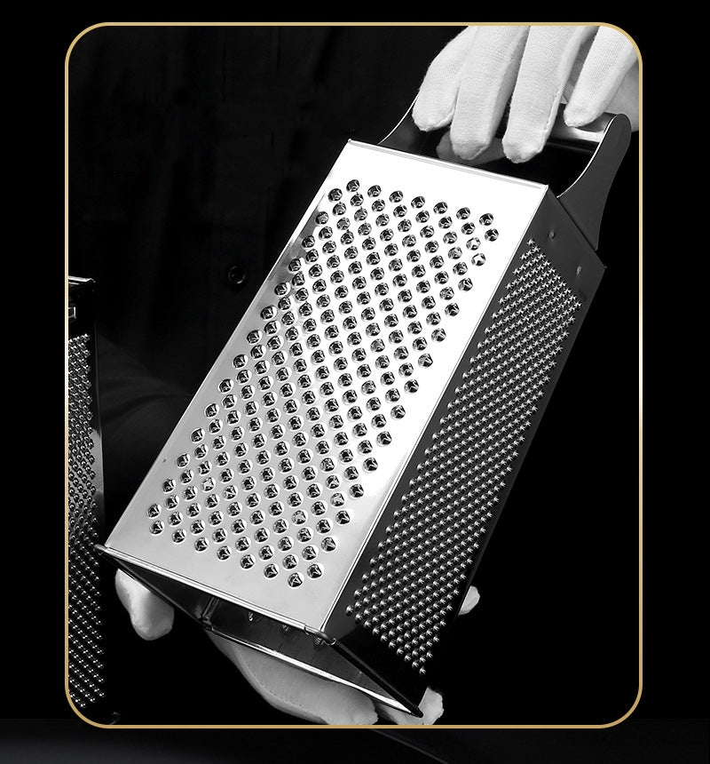 Stainless steel vertical grater with multifunctional design featuring interchangeable cylindrical and flat handles for secure grip during food preparation tasks