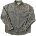 Aqua Blue embroidered denim cardigan shirt for men on a hanger.