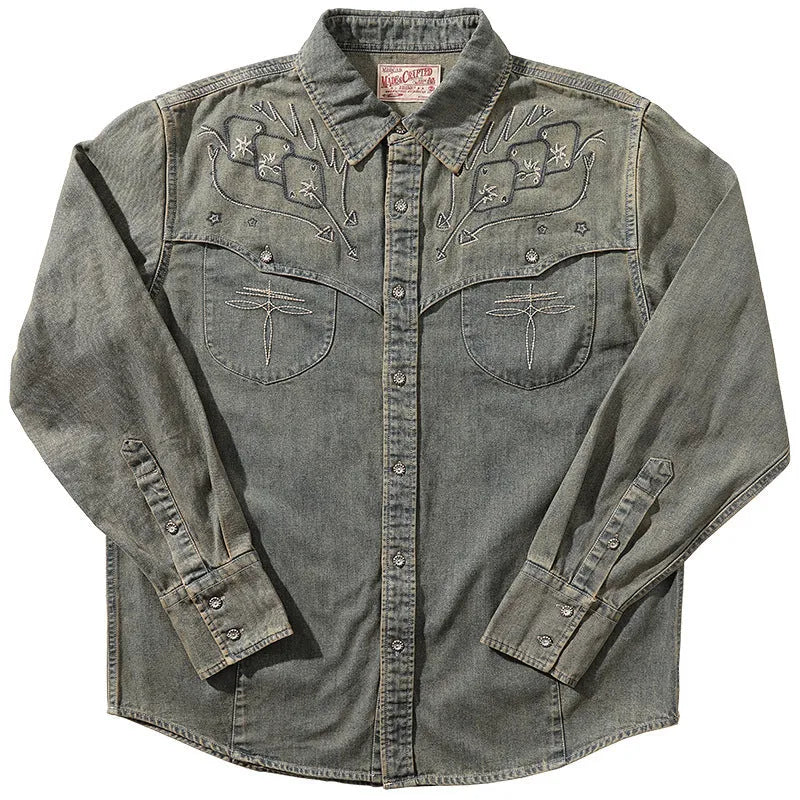 Aqua Blue embroidered denim cardigan shirt for men on a hanger.