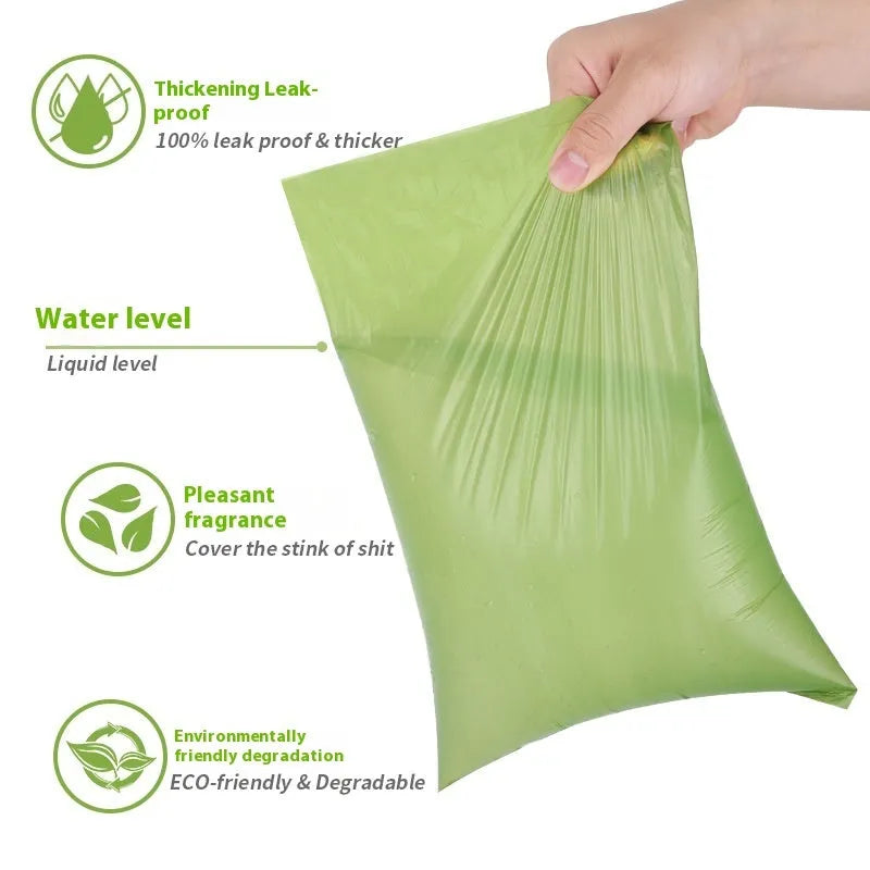 EPI degradable pet waste bags in green, blue, purple, orange, black, showing roll and boxed set options.