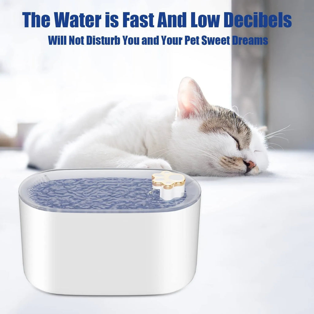 Berlin blue automatic cat water fountain with filter, LED light, and 3L capacity on a kitchen floor.