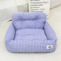 Car-mounted pet outing nest in blue plaid cloth for dog transport during vehicle journeys