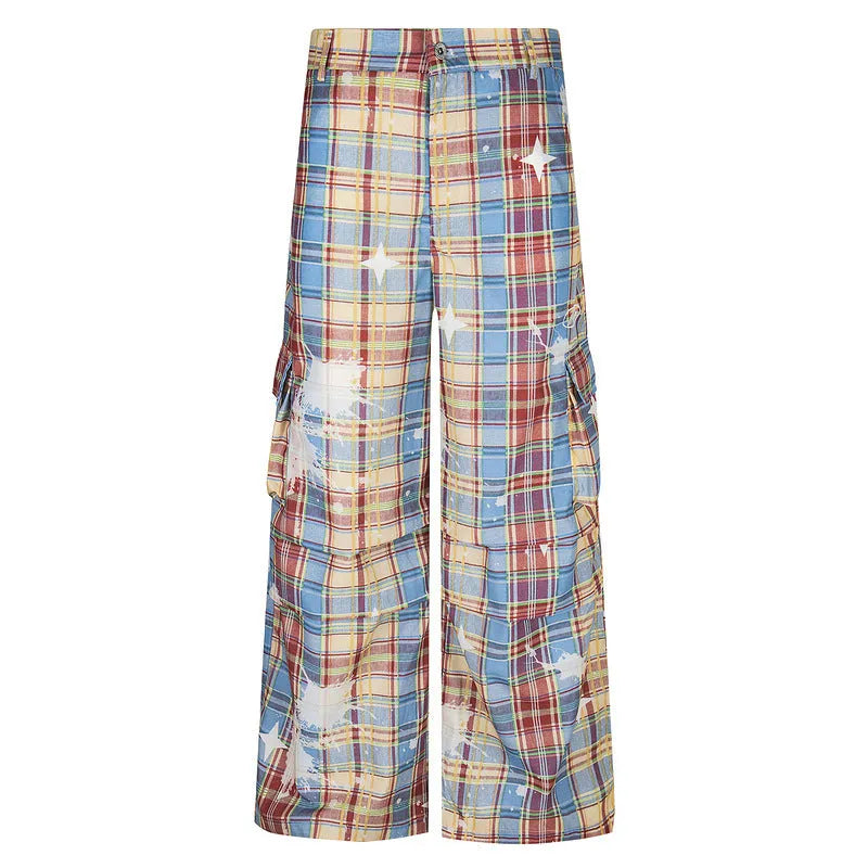 Men's blue and yellow plaid straight-leg trousers laid flat showing retro pattern