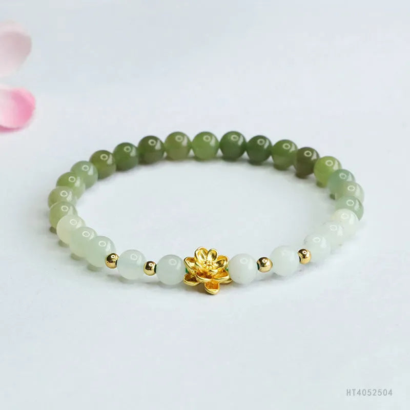Hand-woven ancient style bracelet with Hetian jade gradient colours and lotus flower pattern
