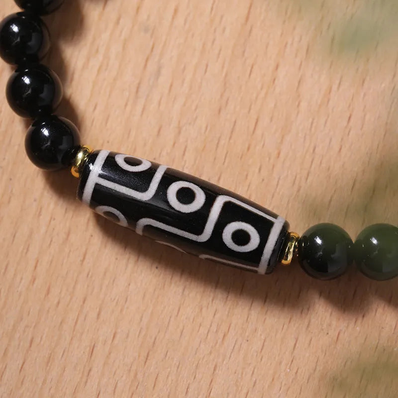 Obsidian agate Dzi bead bracelet with Tibetan ethnic patterns, unisex couple-style design