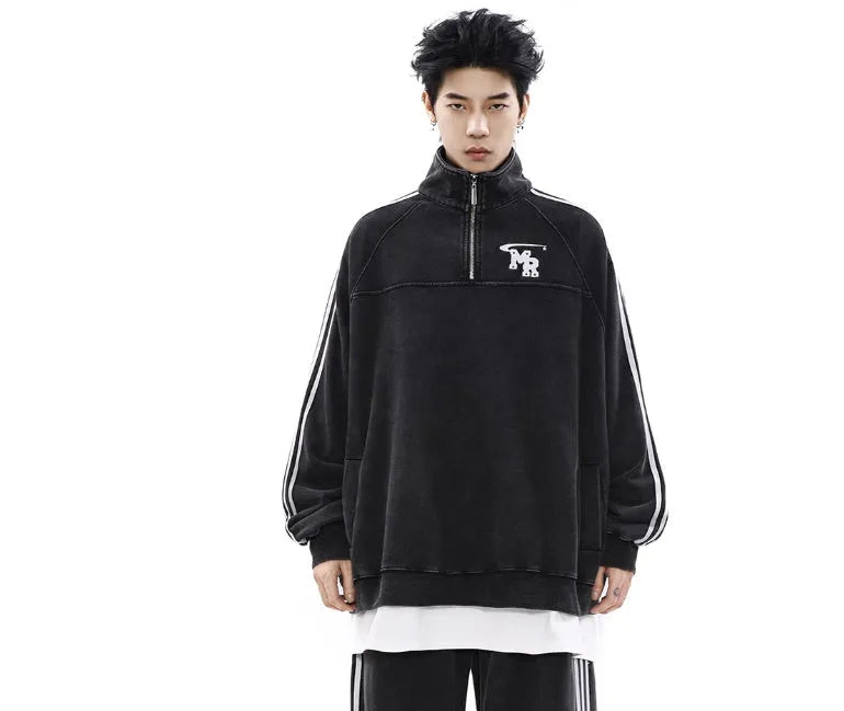 Black stand collar polyester hoodie with American retro style and Hong Kong design elements for sports wear