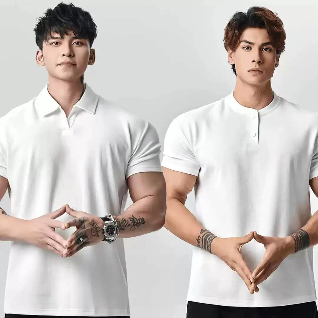 Men's loose fit solid colour t-shirt showing Henry collar and polo collar style options in white, black, grey.