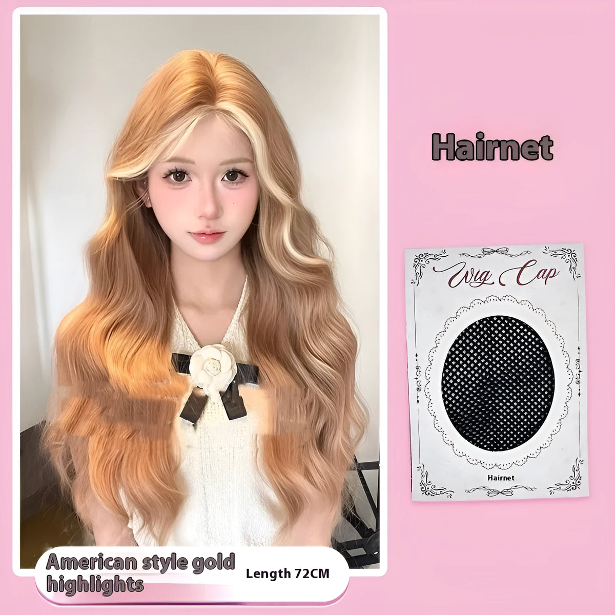 Long curly lace front wig in American highlight gold colour on display