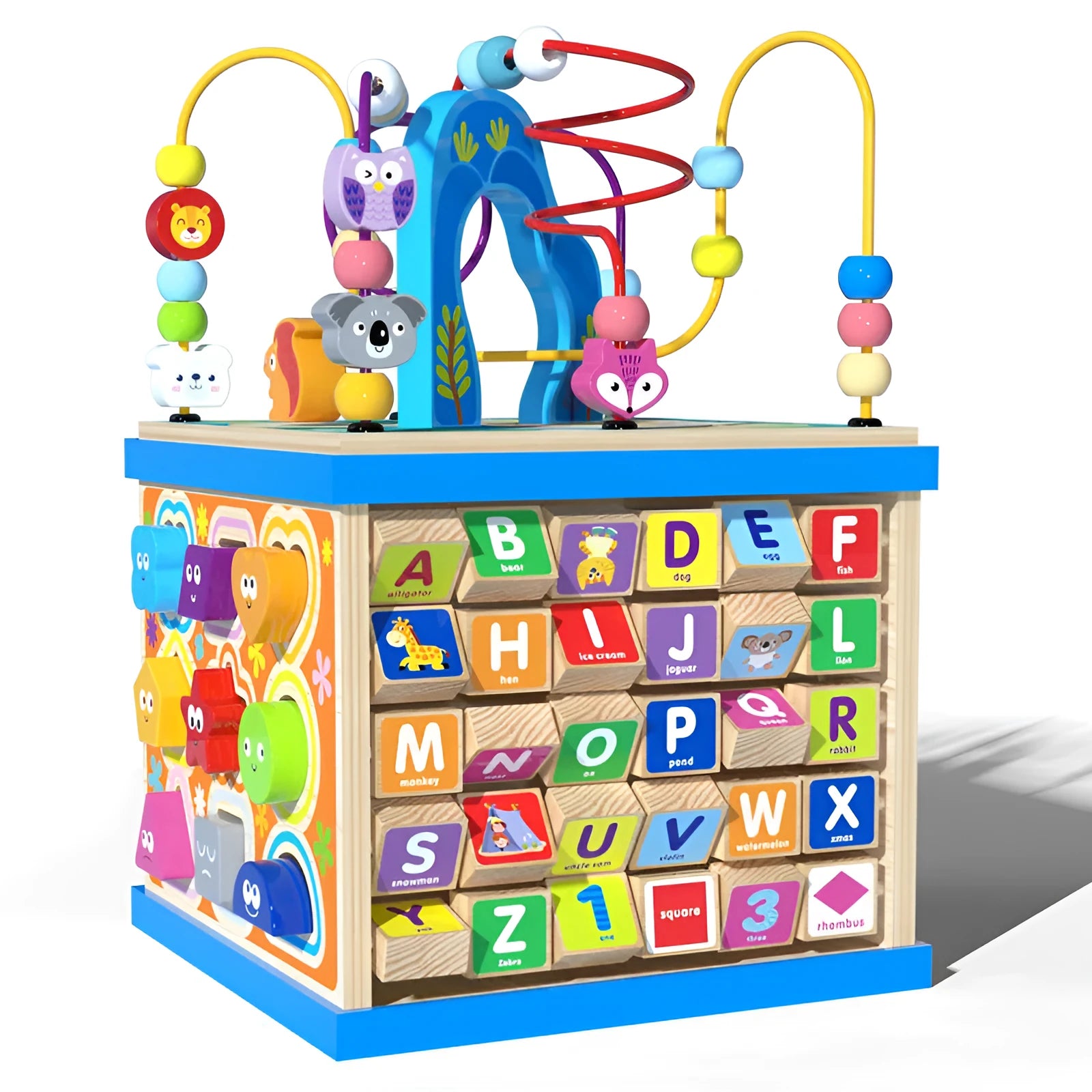 Blue wooden bead treasure box toy with multi-functional scenes for baby and toddler play