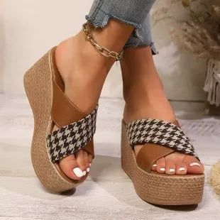 Cross Leopard Plaid Wedge Sandals in black or brown patterns with rubber soles and wedge design