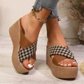 Cross Leopard Plaid Wedge Sandals in black or brown patterns with rubber soles and wedge design
