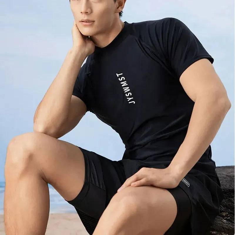 Men's patterned plus size swim shorts set with matching top, shown in multiple colour options.