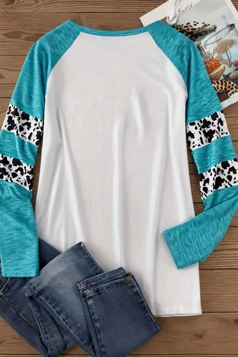 Sky blue casual T-shirt with Halloween pumpkin 3D printed pattern and long sleeves