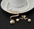 Gold electroplated pearl necklace and earrings jewellery suite with deep V clavicle design