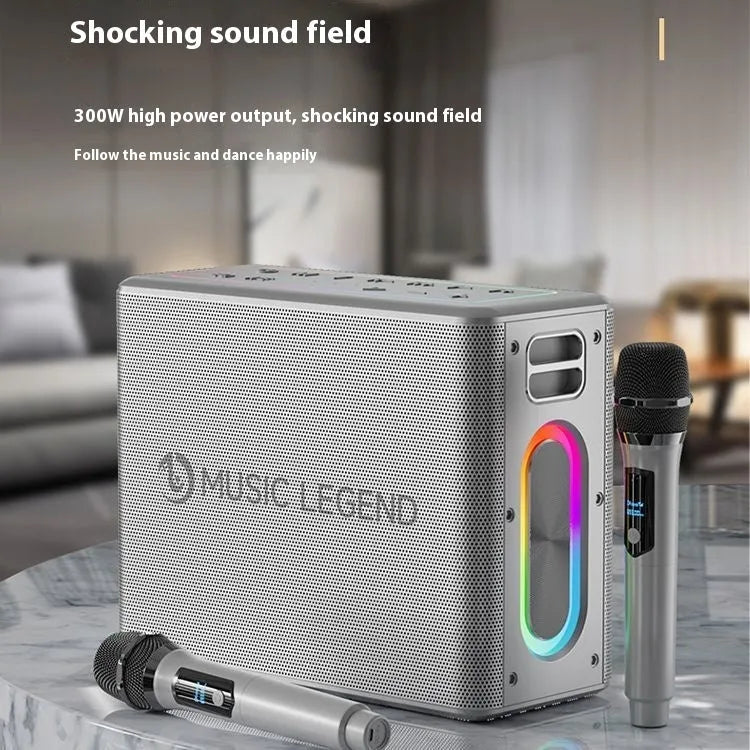 100W outdoor karaoke Bluetooth audio system with microphone, sound card, and lithium battery in black or silver