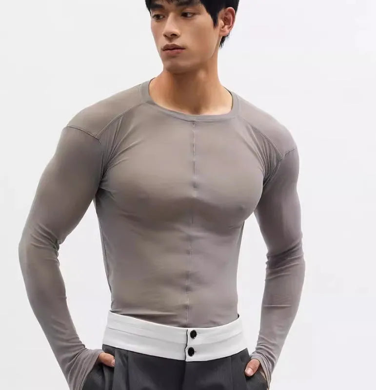 Mesh see-through texture slim-fit black pullover long sleeve with round collar, ultra-thin PU fabric