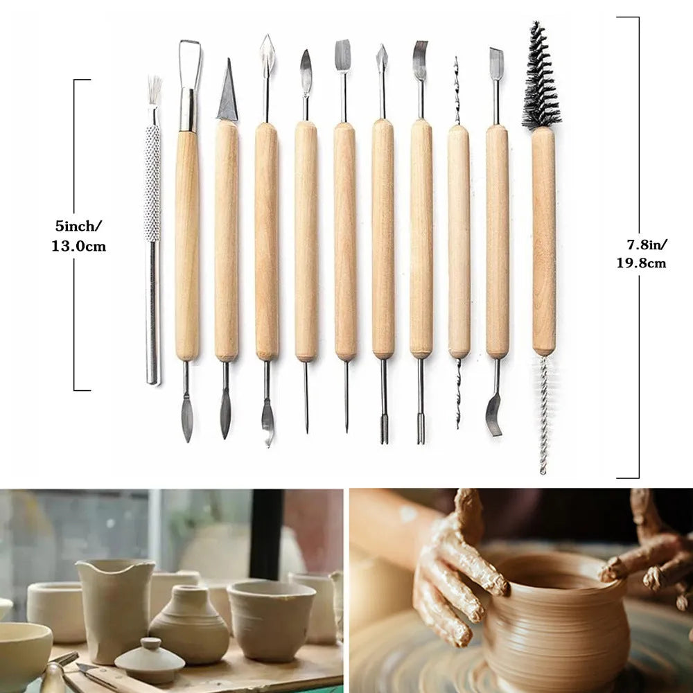 11-piece clay pottery tools set with wooden stainless steel construction and multi-combination repair billet tools