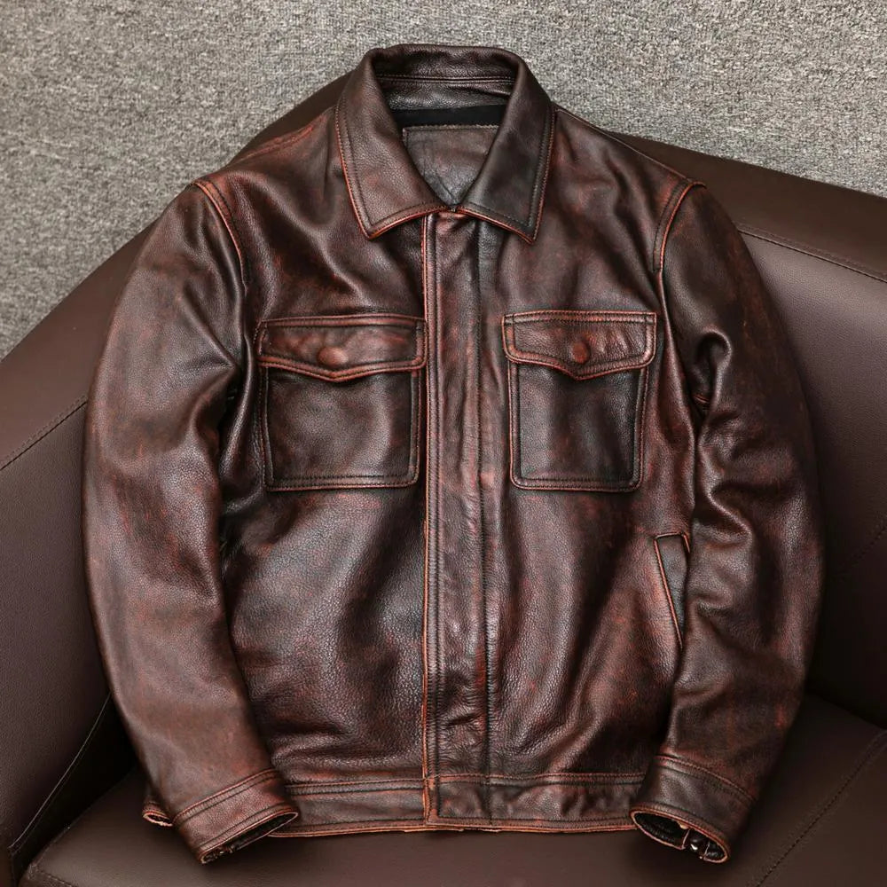 Lapel short PU leather jacket with side pockets in black or brown, loose fit for plus sizes