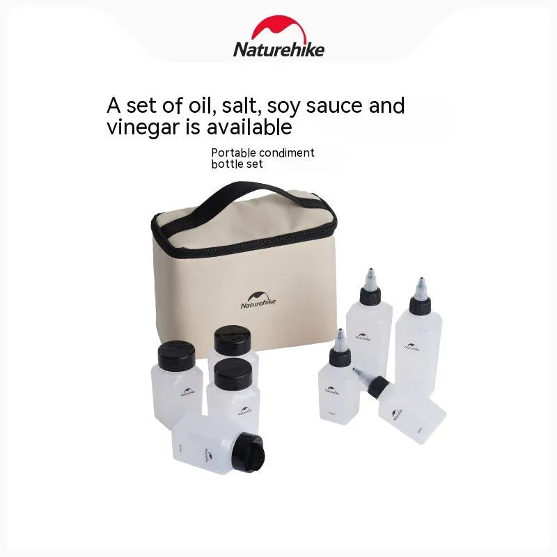 Naturehike modern minimalist six-piece plastic seasoning bottle set for outdoor use.