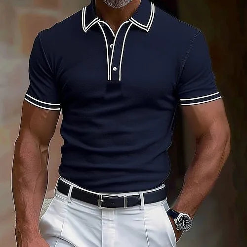 Men's loose fit striped short-sleeved t-shirt on a hanger, showing the pattern and casual style.