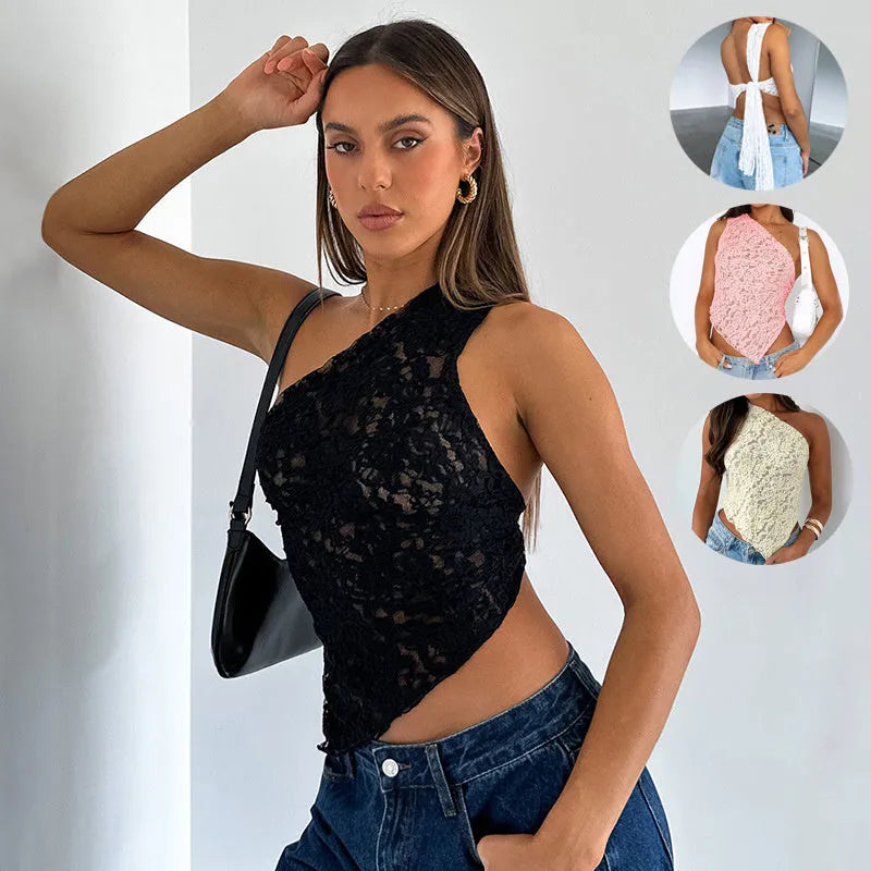Women's backless vest with asymmetrical neckline and lace detailing in solid colour
