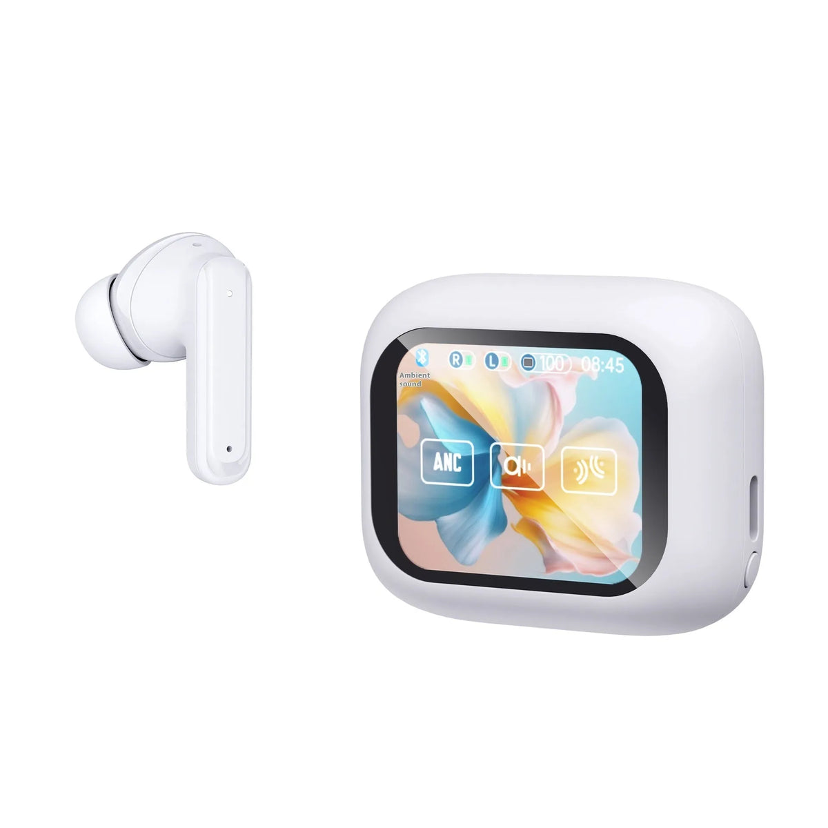 Wireless Bluetooth in-ear headset with noise reduction, touch control and colour screen, black and white plastic design