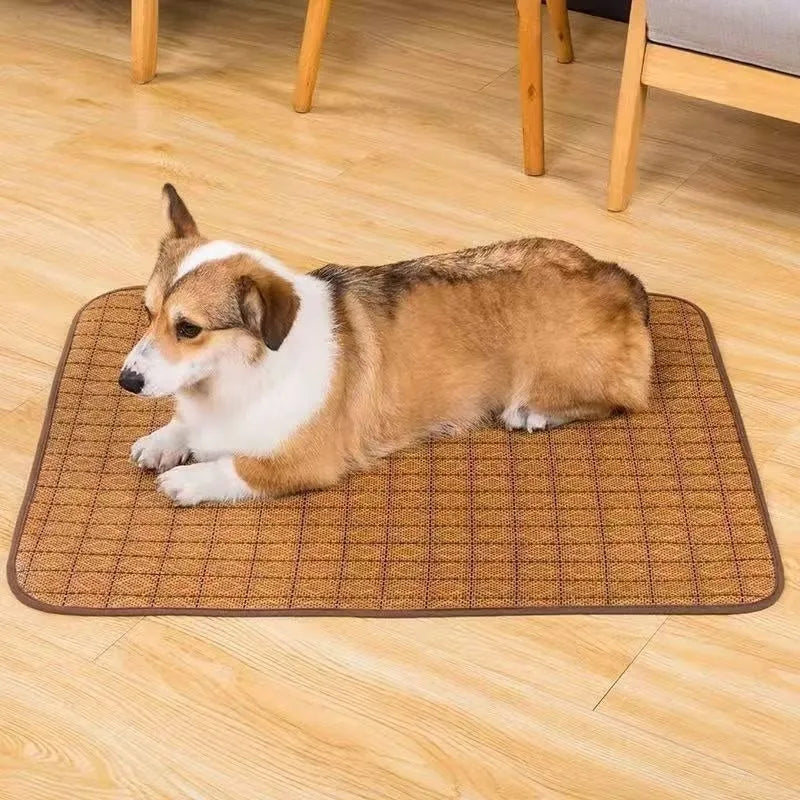 Brown rattan fibre summer cooling mat for dogs showing woven texture and size options