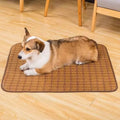 Brown rattan fibre summer cooling mat for dogs showing woven texture and size options