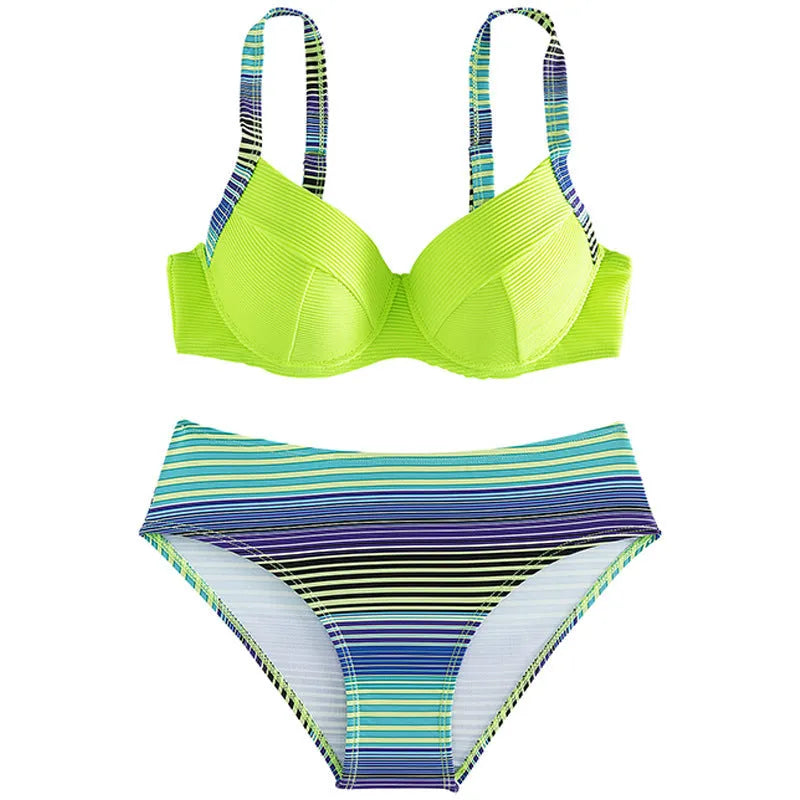 Green printed halter bikini set for women on a white background.