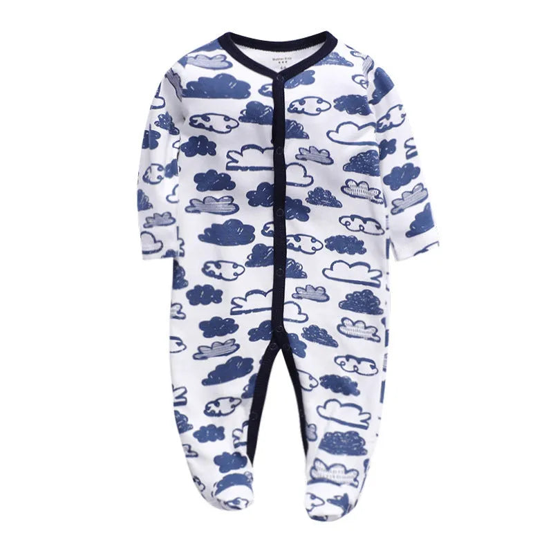 Cotton one-piece baby romper with long sleeves, shown in dinosaur print and other style options for 0-12 month infants.