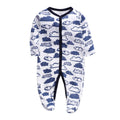 Cotton one-piece baby romper with long sleeves, shown in dinosaur print and other style options for 0-12 month infants.