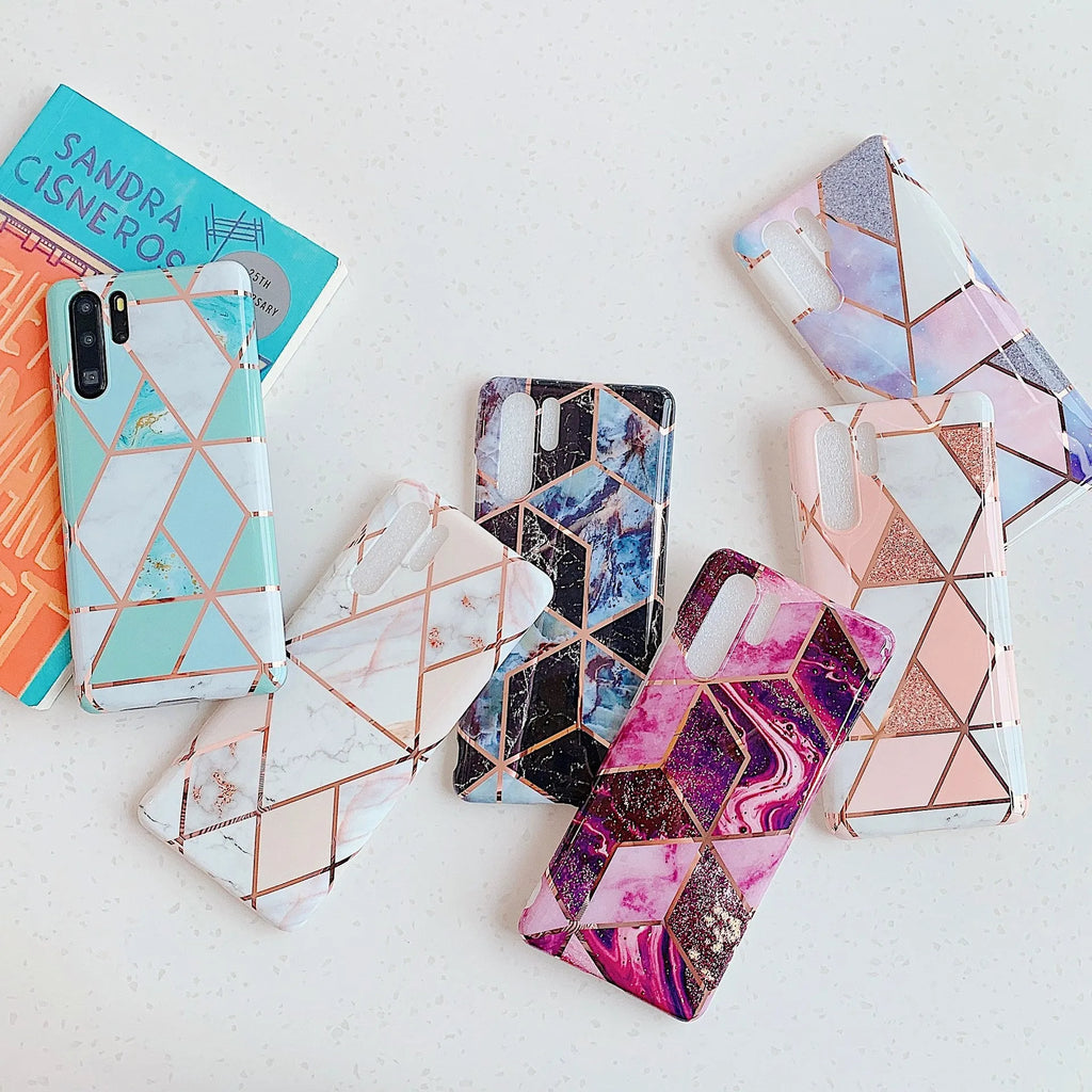Electroplated marble finish TPU phone case showing back cover design for Huawei and Samsung smartphones