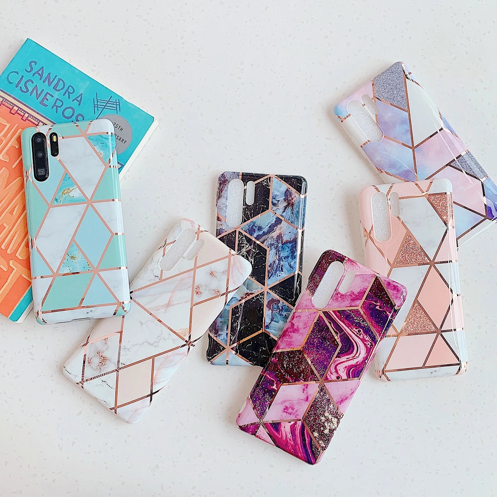 Electroplated marble finish TPU phone case showing back cover design for Huawei and Samsung smartphones