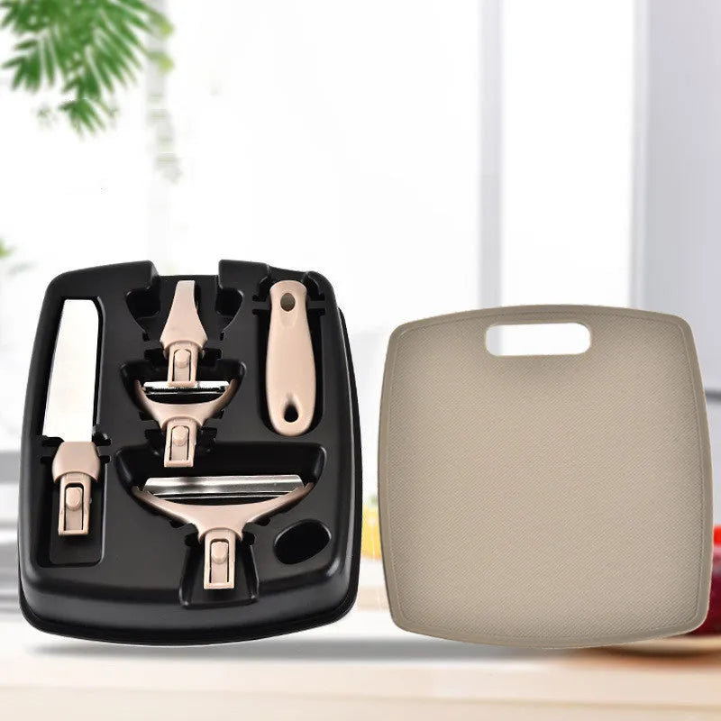 Green eight-piece kitchen tool set with peeler, cutter, and wheat straw chopping board on a counter.