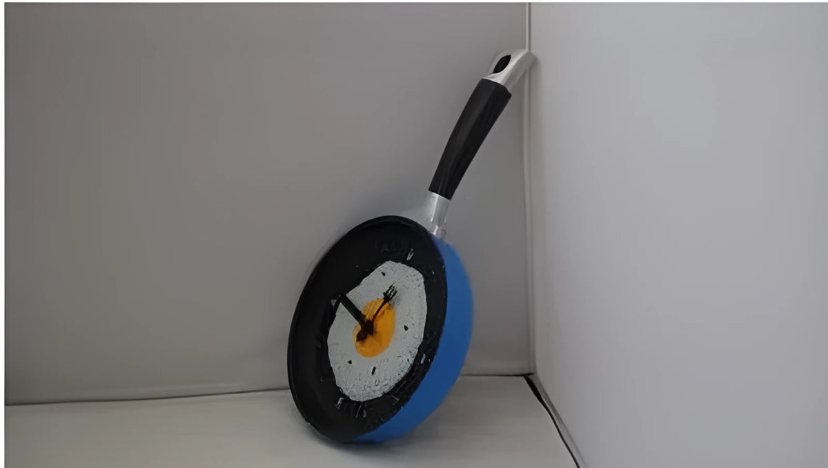 Boiled egg pot wall clock with 10mm plastic shell, coated glass mirror, PVC dial, and electronic movement.