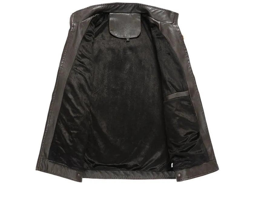 PU leather jacket in black, coffee, or khaki with washed finish, sizes L to 5XL