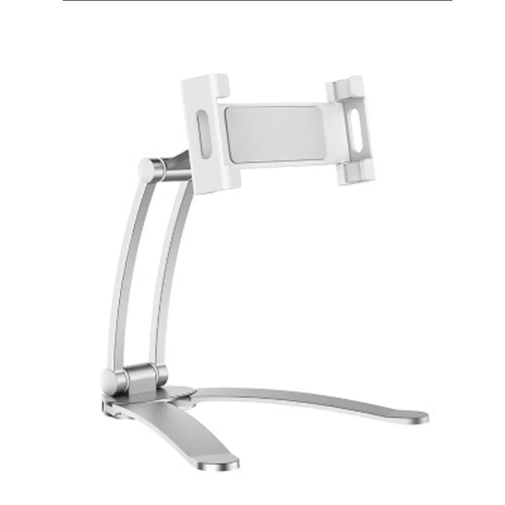 Aluminium alloy desktop tablet stand with adjustable clips and 360-degree rotation for tablets up to 10.5 inches