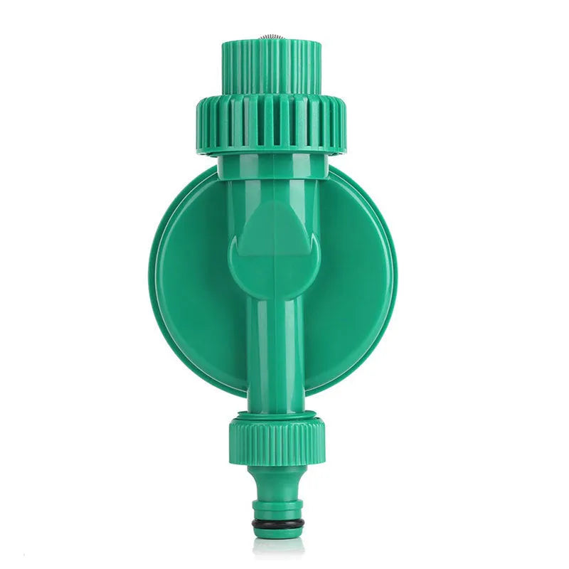 Green automatic watering timer device for drip irrigation systems with household water flow compatibility
