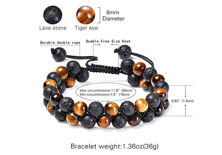 Tiger Eye couple bracelets with matte black agate beads in geometric design on wrist