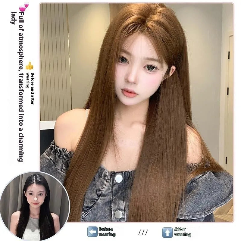 Warm brown lace front wig with centre part, side bangs and long straight synthetic hair