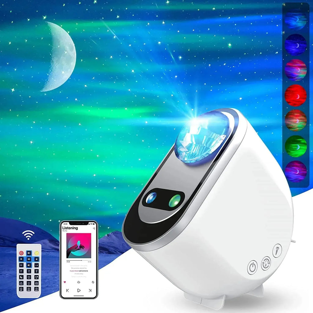 White starlight projector lamp projecting Northern Lights aurora and stars on wall with remote control