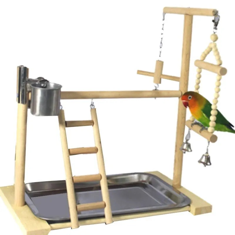Wooden small cockatiel floor parrot standing stand, 53 x 23 x 36cm, with ladder and stainless steel tray