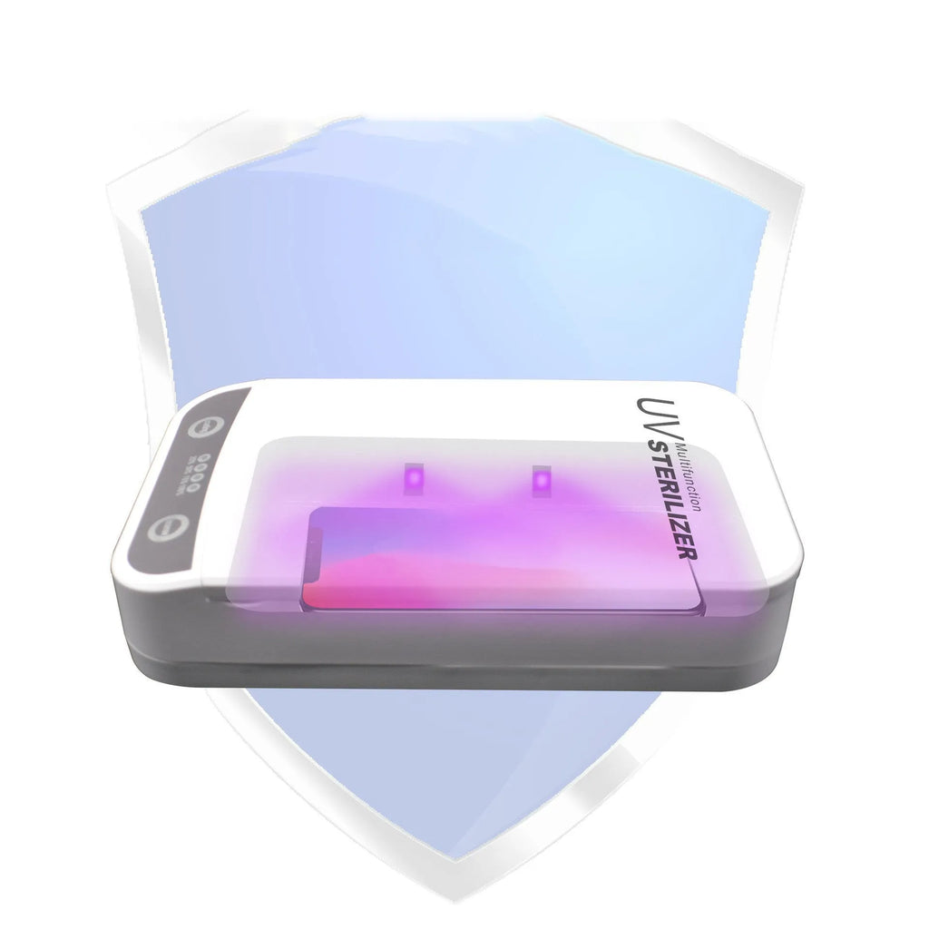 White portable UV disinfection box with lid open, showing internal chamber and UV lamps