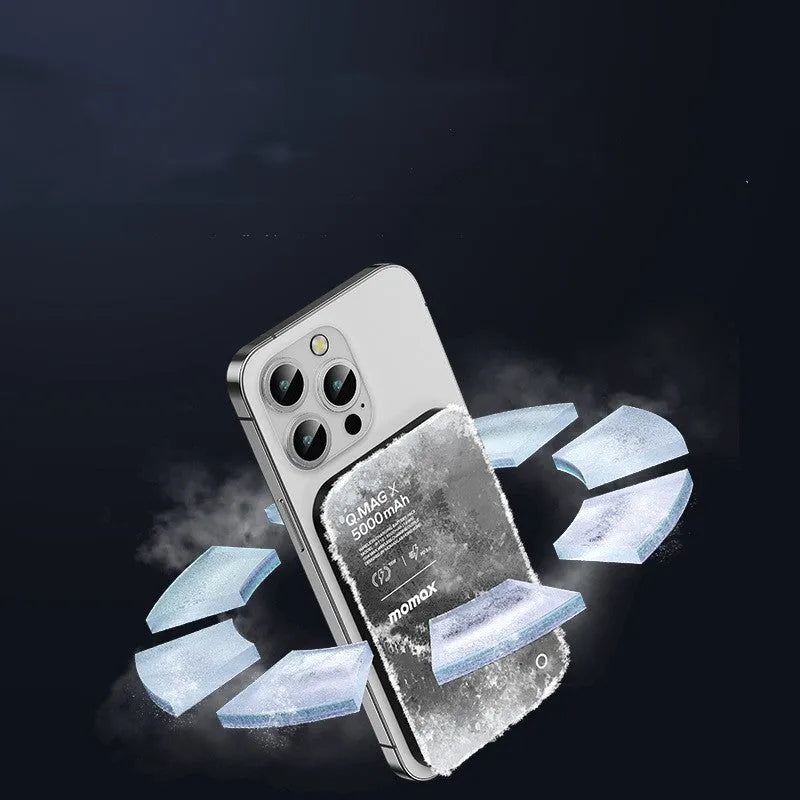 Magnetic wireless alloy power bank showing titanium colour and compact dimensions