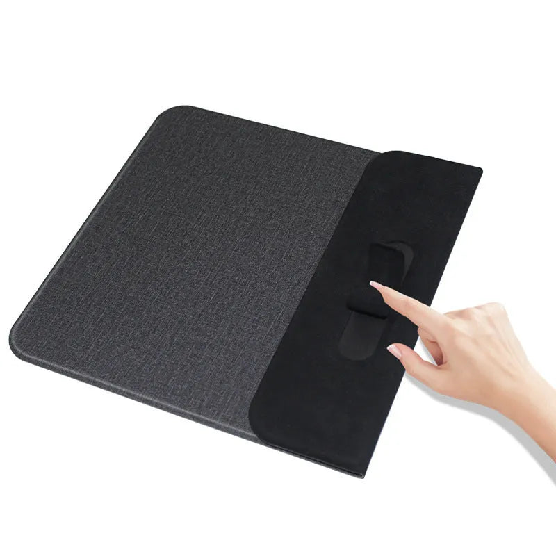 Foldable cloth wireless phone charger showing charging distance and compact folded size