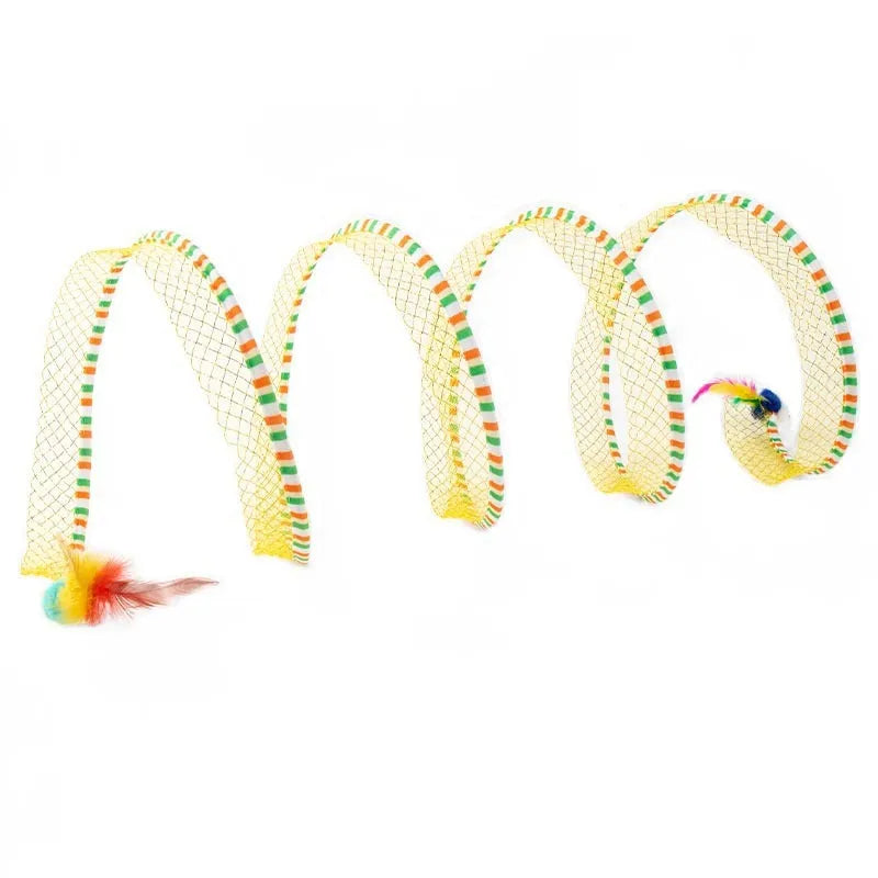 Blue or yellow collapsible cat tunnel with 95cm extendable teasing stick featuring feather attachment